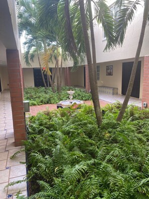 A courtyard with palm trees, a fountain, and lush greenery. - Bahia Bay Resort (Key Largo)