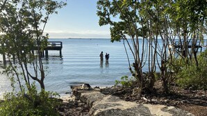 A coastal scene with rocky shores, a wooden pier, and calm water. - Bahia Bay Resort (Key Largo)
