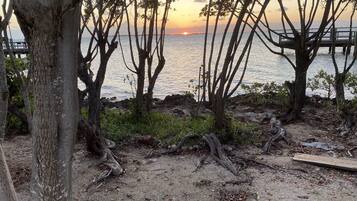 A beach with trees, a wooden deck, and a sunset view.