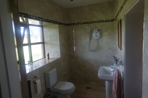 Shower, hair dryer, soap, toilet paper