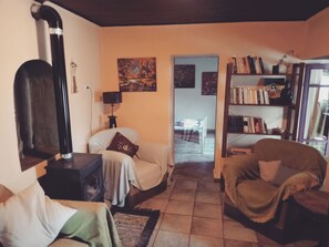 Fernseher, Kamin, Bücher, Stereoanlage