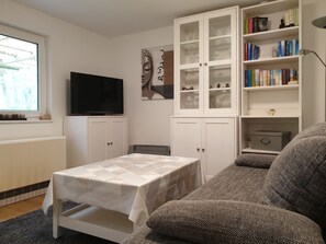 Tv, dvd-spelare, böcker och ett filmbibliotek