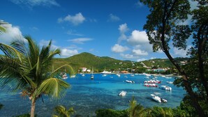A coastal view with boats, palm trees, and a hilly landscape.