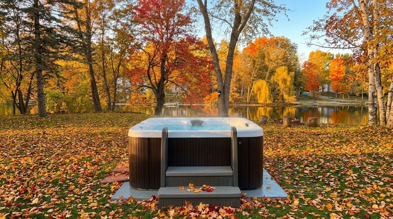 Ein Whirlpool in einem Park mit einem See, umgeben von Bäumen mit Herbstlaub.