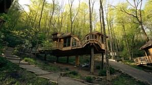 Una casa sull'albero con una terrazza in legno e una scala che vi conduce.