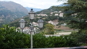 A street lamp with three lights, surrounded by greenery, overlooking a hillside with buildings.