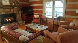 Smart TV, fireplace, DVD player, books