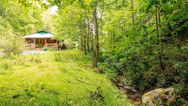 A cabin in a forested area with a porch and a small stream nearby. - Private Mountain Retreat near Hot Springs & Appalachian Trail (MARSHALL)