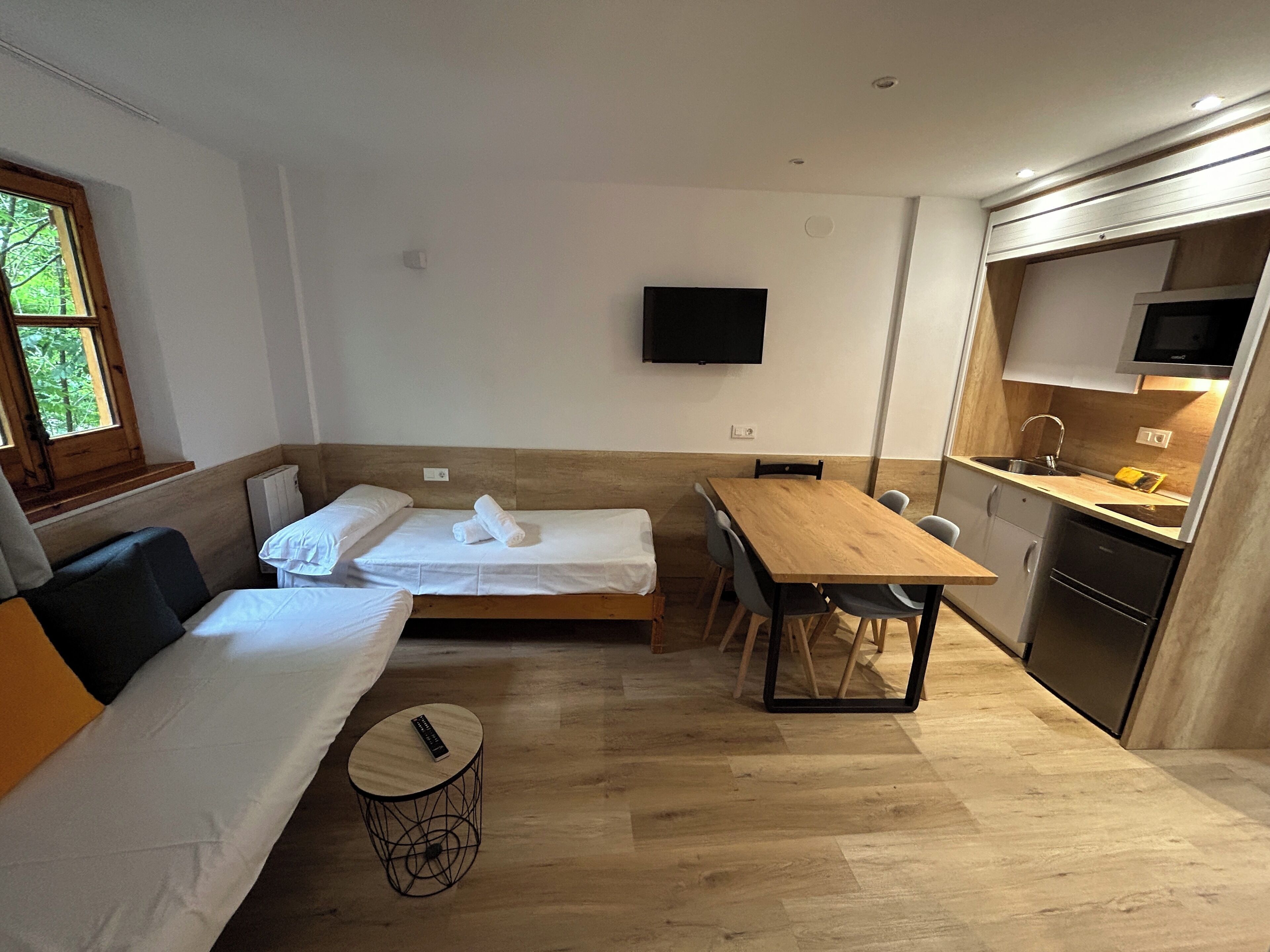 Une petite chambre comprenant un lit, une petite table, un téléviseur et un coin cuisine.
