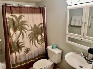 Combined shower/bathtub, towels