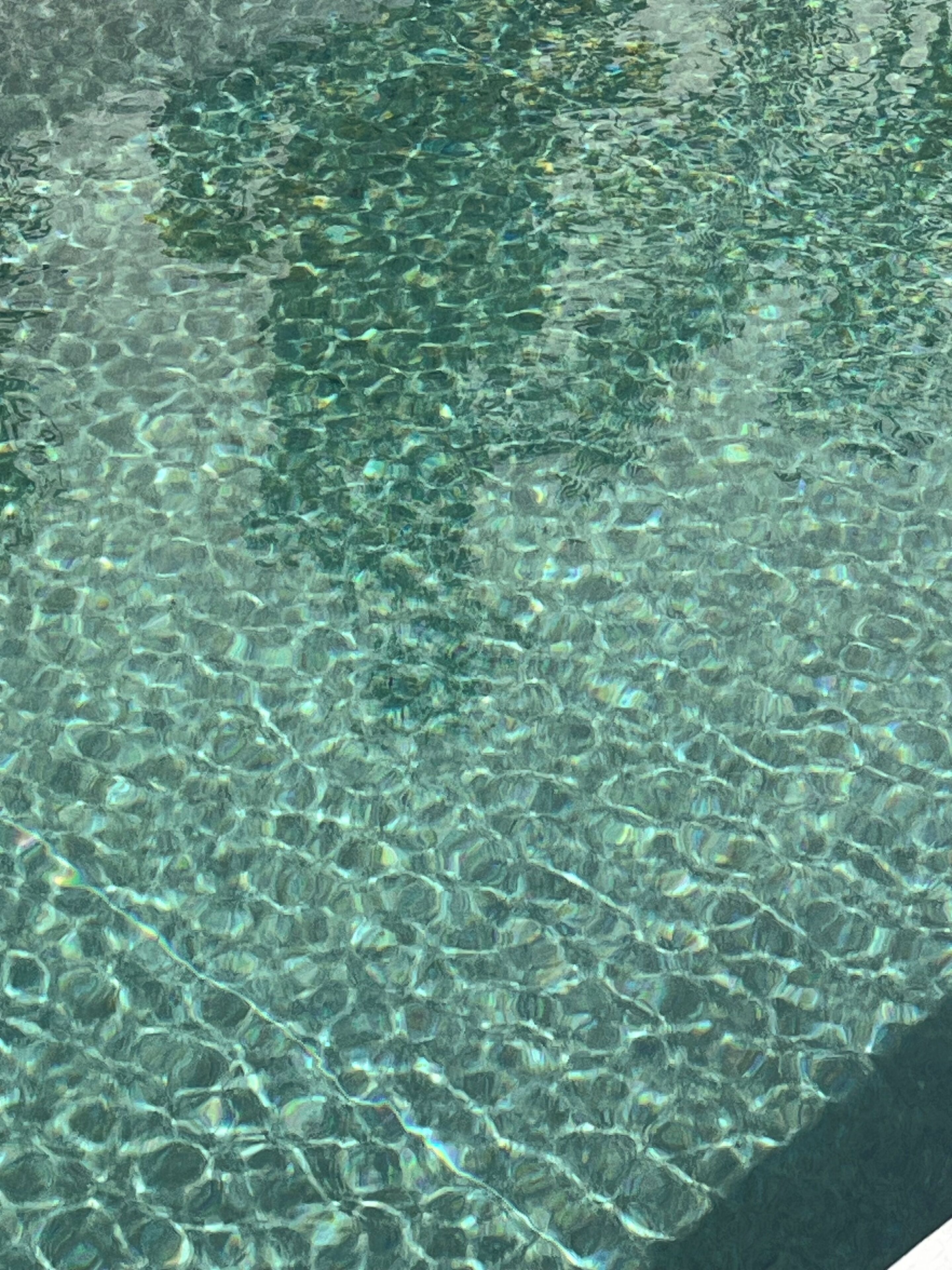 A clear pool with visible underwater patterns and reflections.
