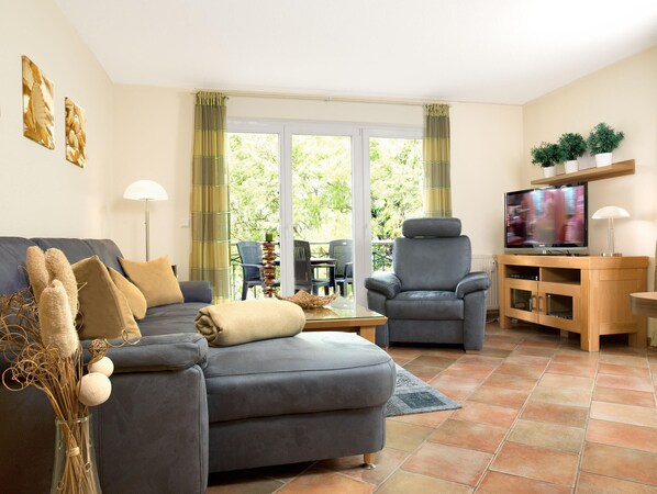 TV, DVD player, books, music library