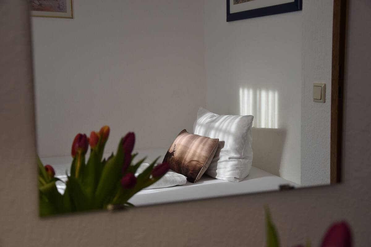 A bedroom with a bed, pillows, and a wall-mounted mirror reflecting a plant.