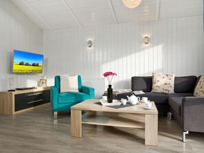 TV, caminetto, lettore DVD, libri