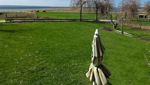 A grassy lawn with a white umbrella and a bench, a wooden fence, and leafless trees. - HUS IN DE SÜNN - Peace and quiet in an idyllic setting (Insel Poel / OT Brandenhusen)