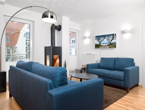 Téléviseur, foyer, lecteur de DVD, livres