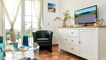 TV, DVD player, books, stereo