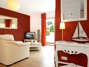 Televisión, chimenea, reproductor de DVD, libros