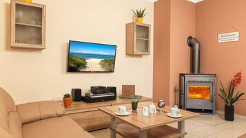 Fernseher, Kamin, DVD-Player, Stereoanlage