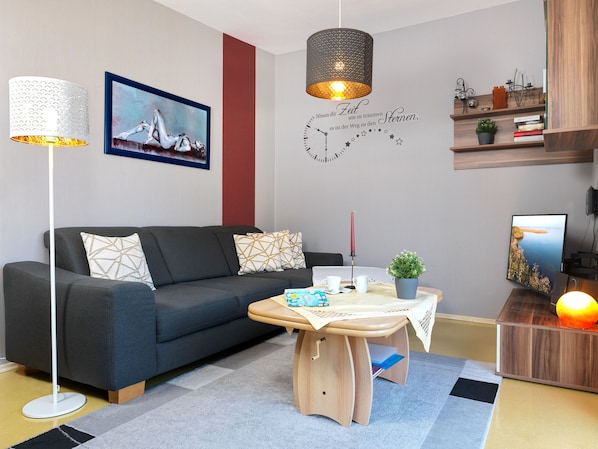 TV, DVD player, books, music library