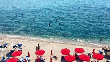 On the beach, sun loungers, beach umbrellas