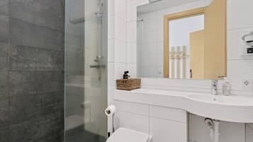 Shower, hair dryer, towels