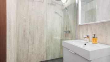 Shower, hair dryer, towels