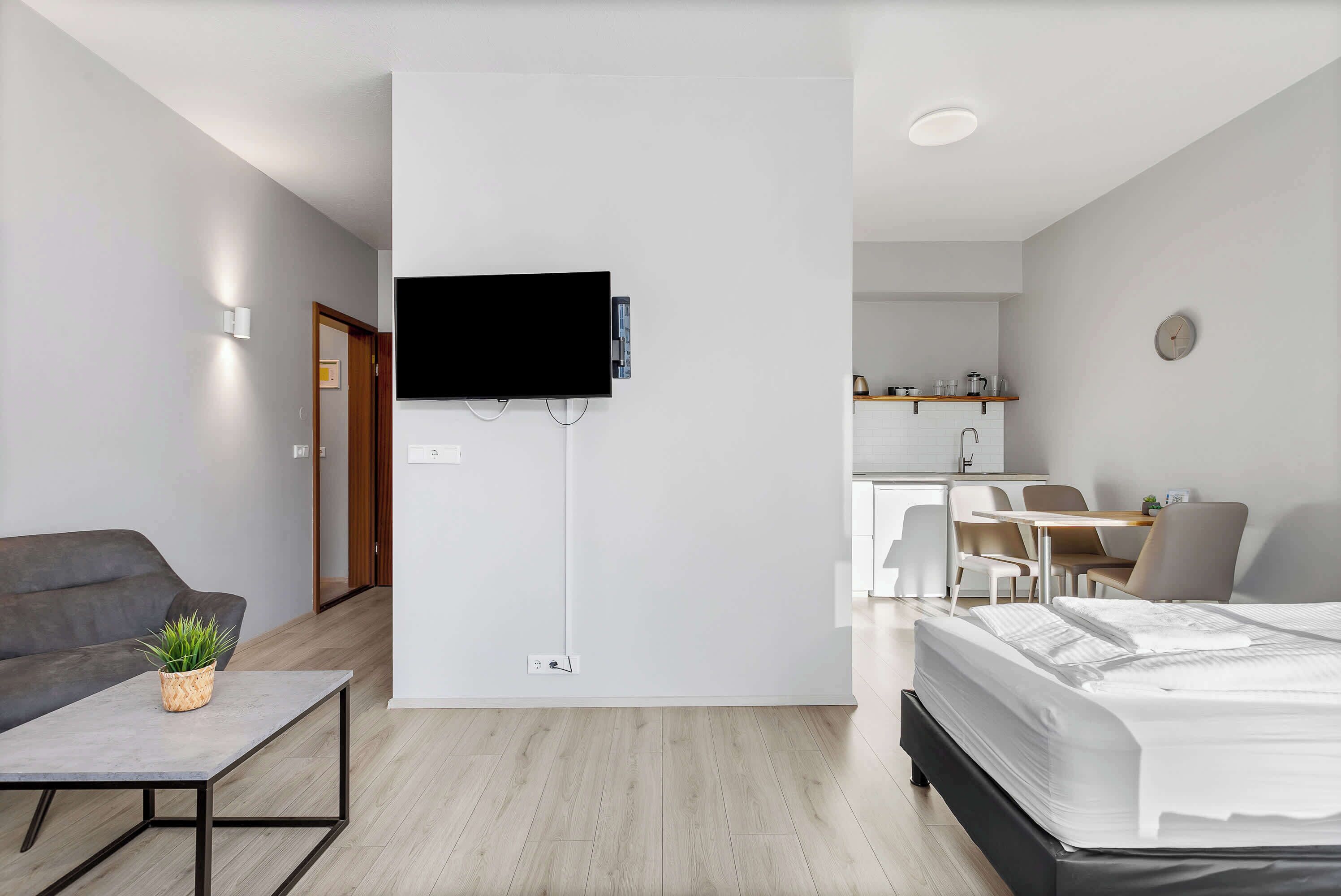 A modern hotel room with a flat-screen TV mounted on the wall, a sofa, a small table with a plant, a bed with white bedding, and a kitchenette area.