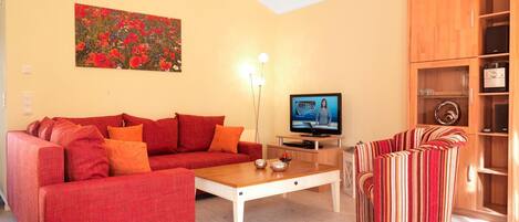 Fernseher, DVD-Player, Bücher, Musikbibliothek