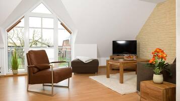 Fernseher, DVD-Player, Bücher, Musikbibliothek