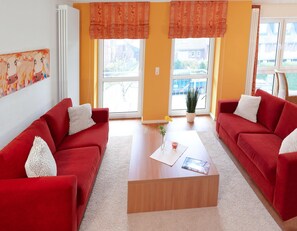 TV, DVD player, books, music library