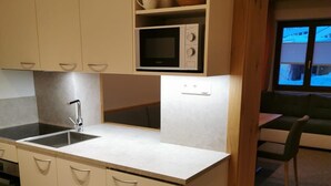 A compact kitchen with a built-in microwave, a sink, and a small countertop. - Pension Trojerhof (Heiligenblut)