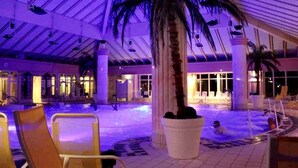 An indoor pool area with lounge chairs and palm trees. - Exklusives Wohnen am Stadtpark (Bad Driburg)