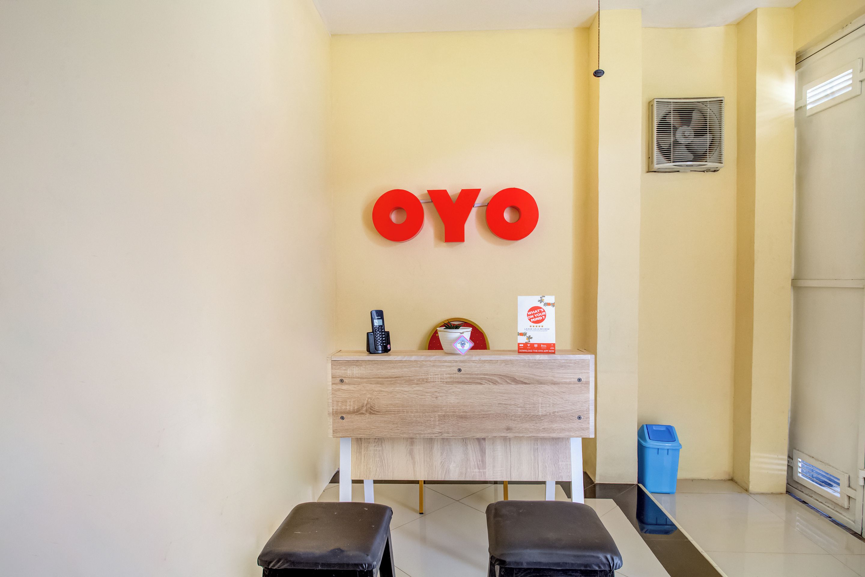 A reception area with a wooden desk, a phone, a small potted plant, and a trash bin.