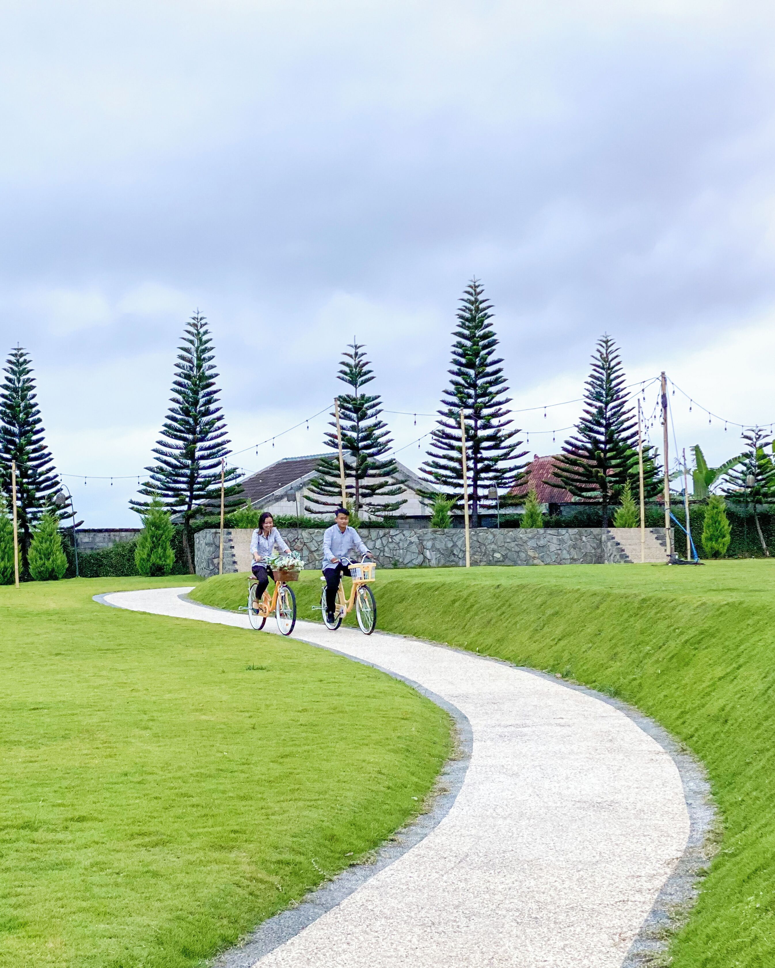 A paved path in a park with two cyclists, surrounded by green grass and tall trees.