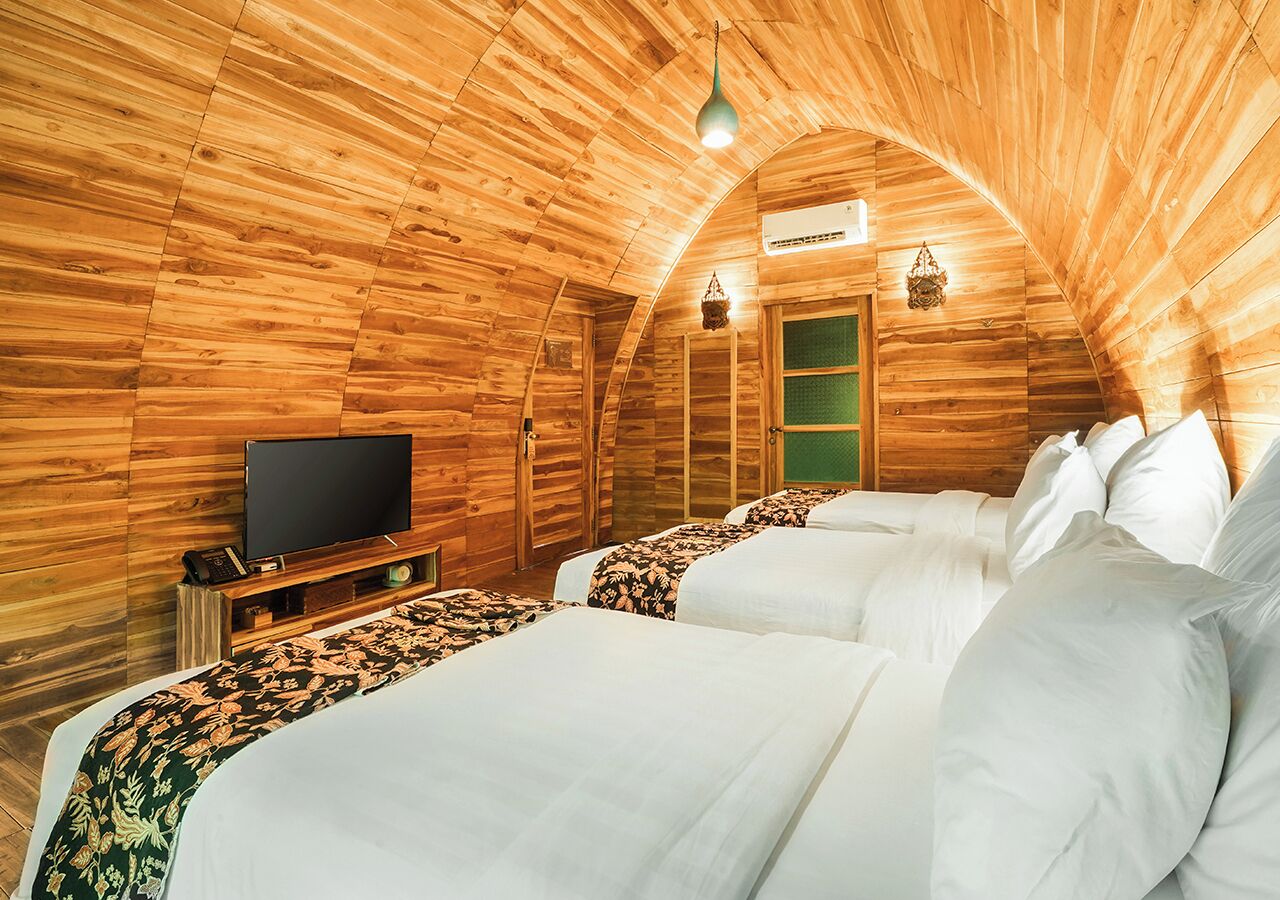 A cozy wooden cabin room with two beds, a TV, and a green door.