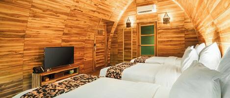 A cozy wooden cabin room with two beds, a TV, and a green door.