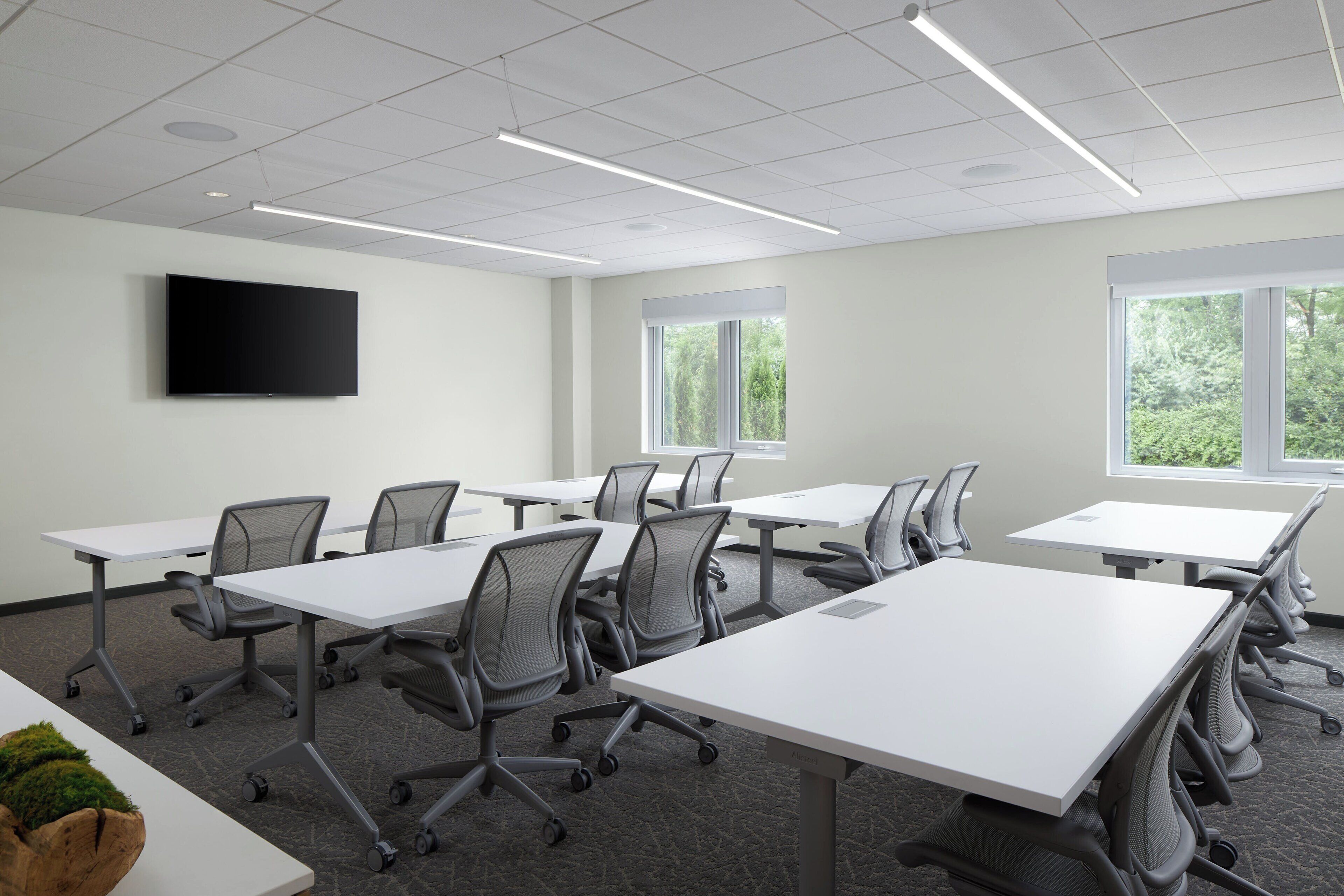 A conference room with white tables, grey chairs, a flat-screen TV, and windows with a view of greenery.