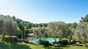 Ein Pool, umgeben von üppiger Vegetation und Hügeln im Hintergrund.