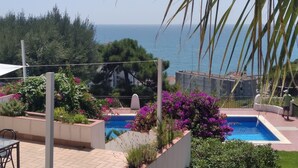 A pool area with a view of the sea, surrounded by greenery and flowers.