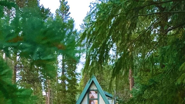 Eine Hütte mit grüner Dachhaut und weißen Wänden, umgeben von Bäumen.