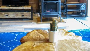 Ein gemütliches Zimmer mit Holzbalkendecke, einem schwarzen Kamin, einem Fernseher und einem Kaktus auf einem Teppich.