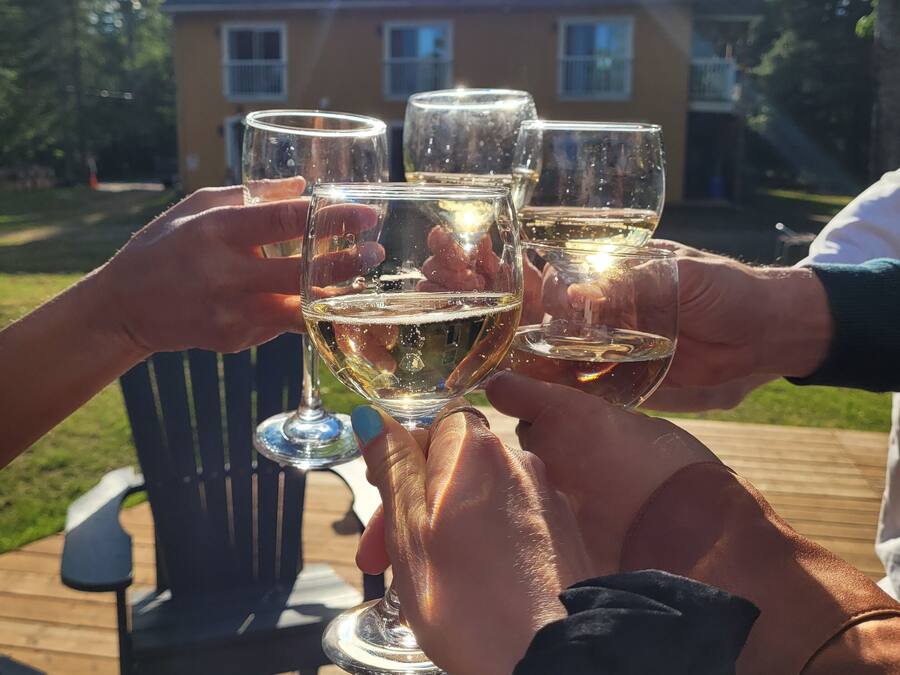 Un grupo de personas brindando con copas de vino en una terraza de madera.