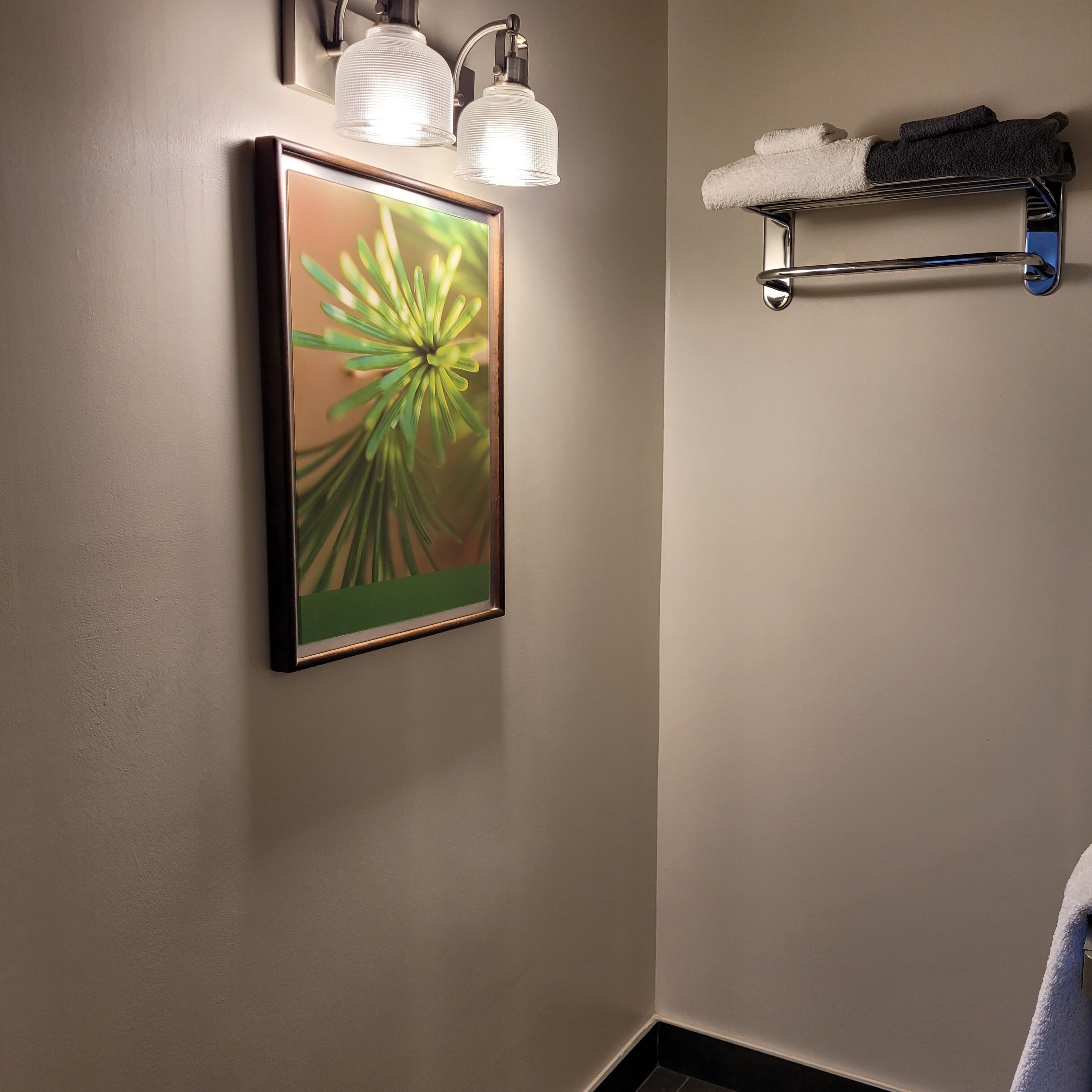 A framed artwork on a wall, a towel rack with towels, and a light fixture.
