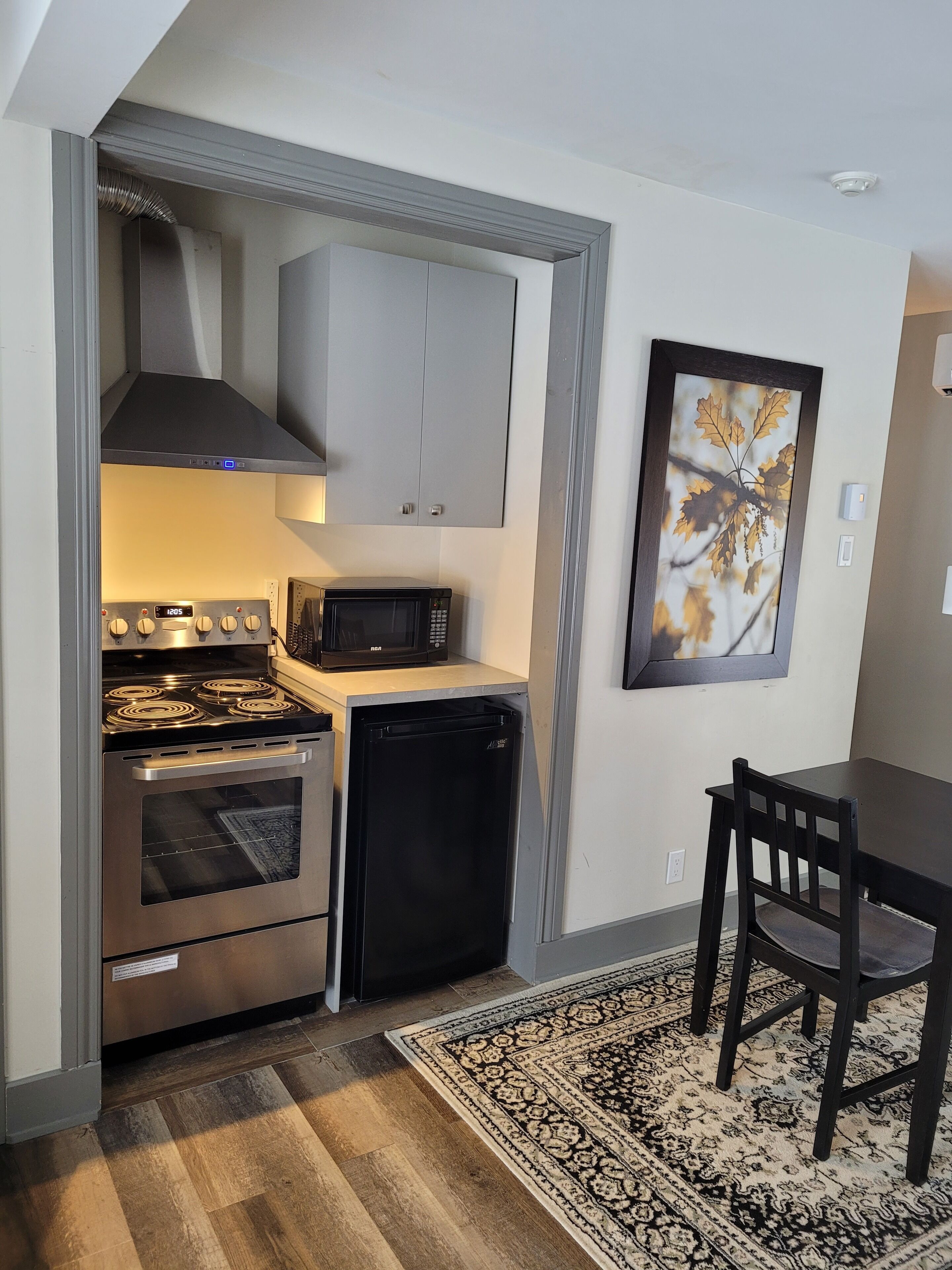 Cocina compacta con estufa, microondas y lavavajillas, una mesa de comedor con sillas y un cuadro en la pared.