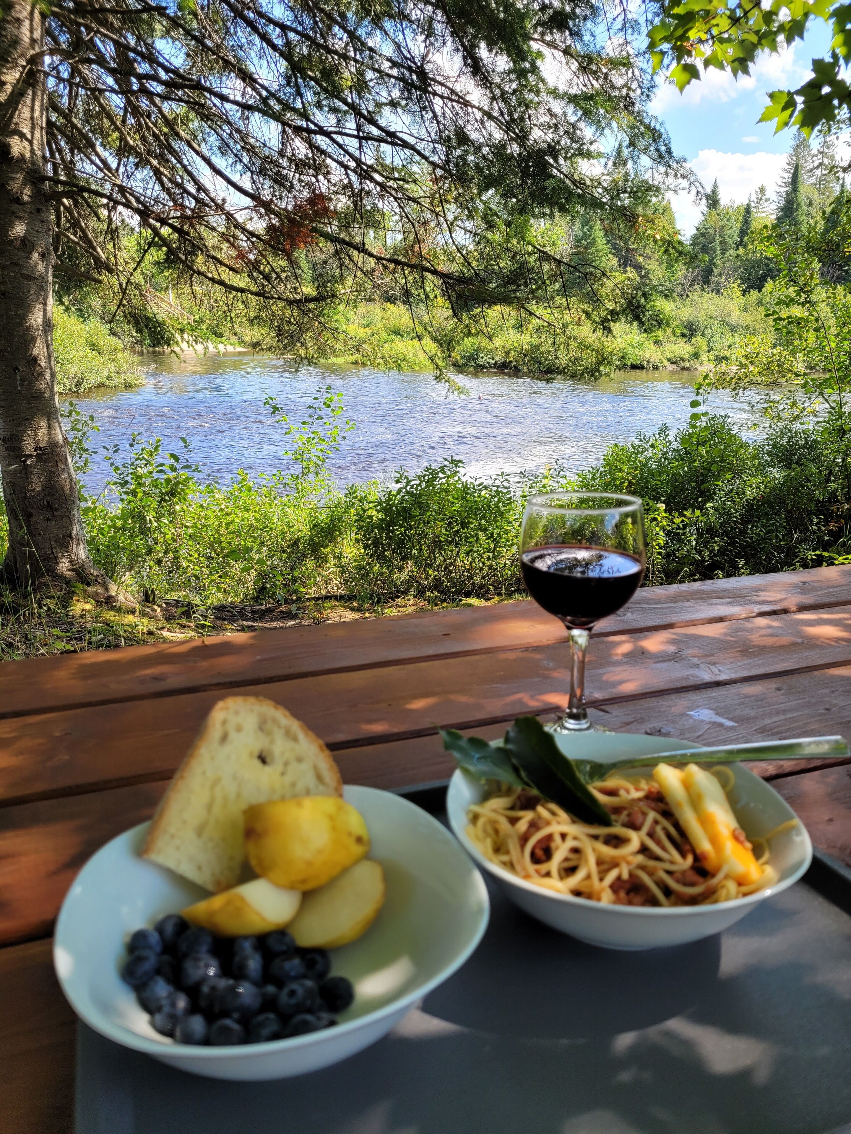 A picnic table with a bowl of fruit and pasta, a glass of red wine, and a view of a river and forest.