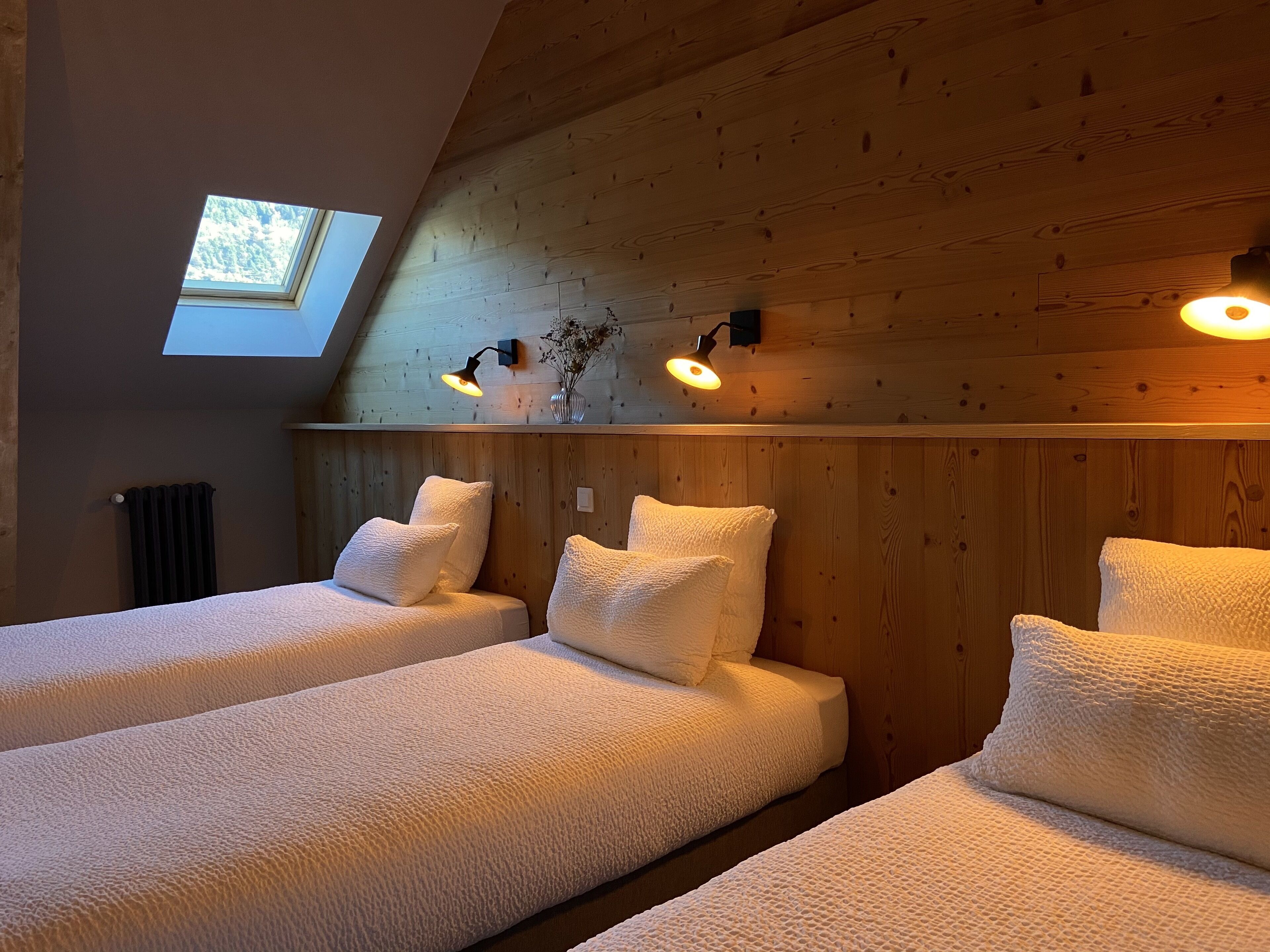 A room with two beds, wooden walls, a skylight, and wall-mounted lamps.