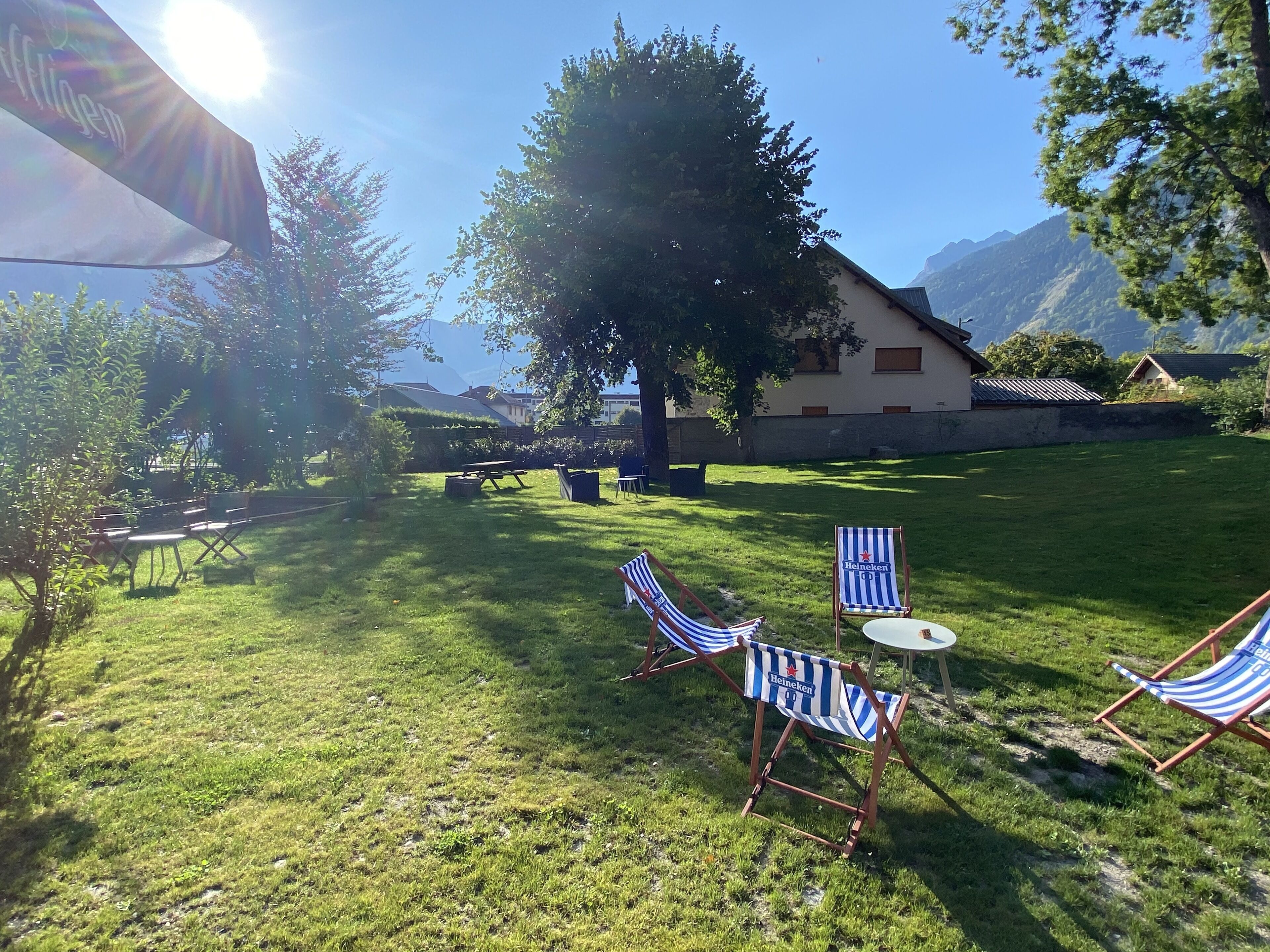 Ein grünes Areal im Freien mit einem Picknicktisch, zwei Heineken-Loungestühlen und einem großen Baum.