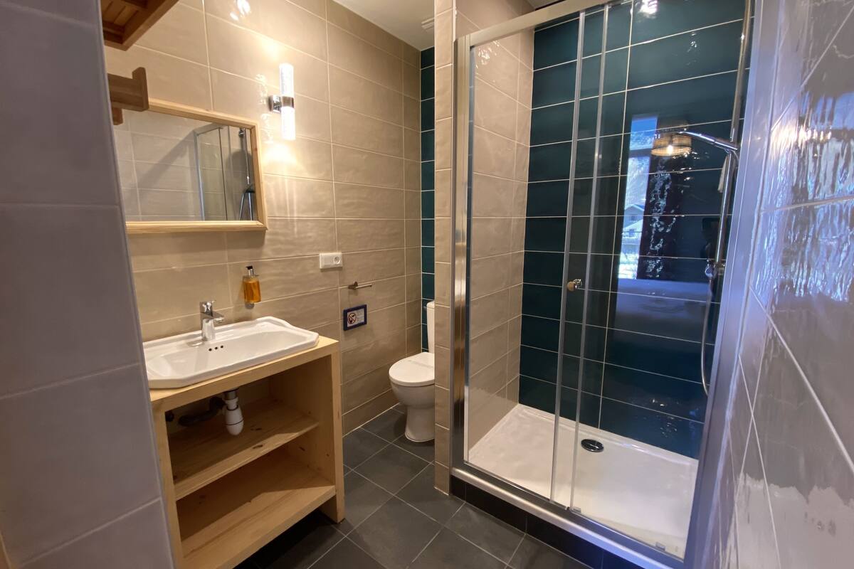 double room | bathroom | shower, hair dryer, towels, soap