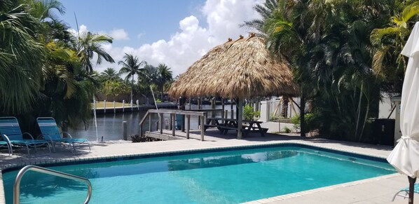 Outdoor pool, a heated pool - Waterfront Intracoastal Family-Home, pool, dock, and walk to the beach & Center (Lauderdale-by-the-Sea)